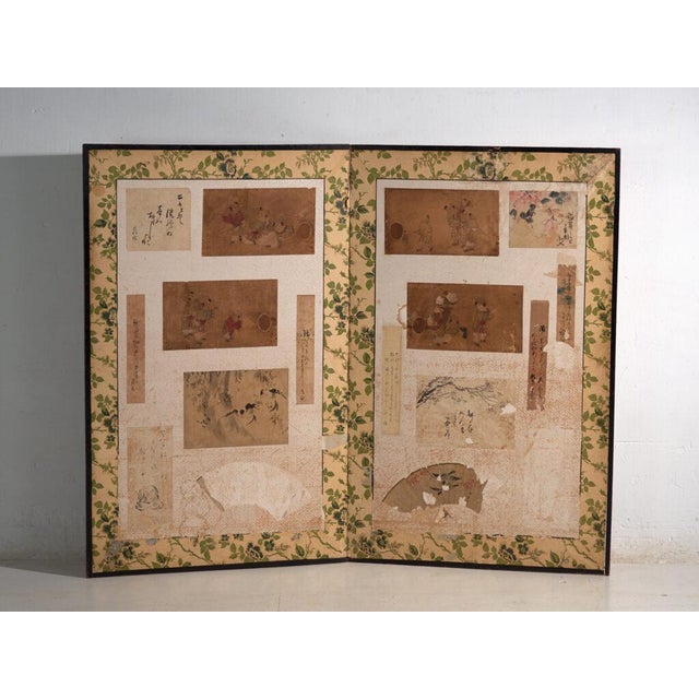 Plastic Antique Japanese Two-Panel Screen with Painting Collage, 1900 For Sale - Image 7 of 13