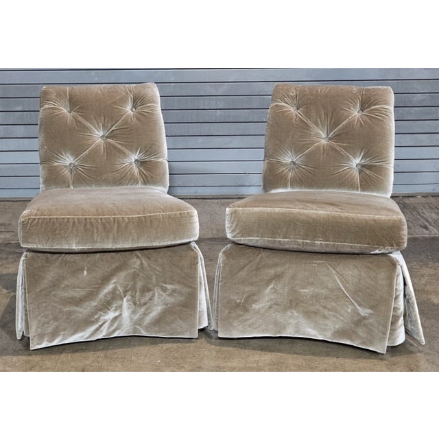Store Item: Pair Of Baker Furniture Slipper Chair Lounge Chair High End Velvet Upholstery Description: Chairs feature a...