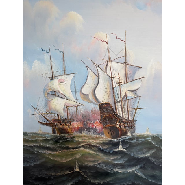 Large Maritime Naval Battle Oil Painting Signed K. Bosen Sailing Ships Seascape For Sale - Image 10 of 11