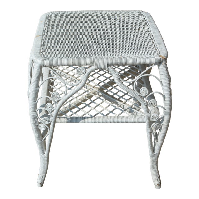 Vintage Square White Wicker End / Side Table W/ Fiddlehead Scroll Work & Lower Shelf For Sale