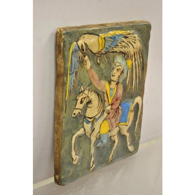 Antique Persian Iznik Qajar Style Ceramic Pottery Green Tile Phoenix Rider C4 B For Sale In Philadelphia - Image 6 of 10