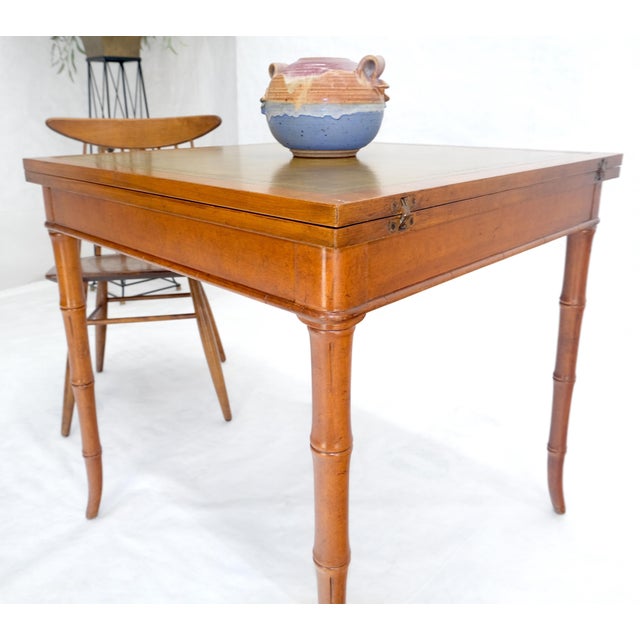 Traditional Fine Olive Green Leather Top Faux Bamboo Legs Flip Game Dining Table MINT For Sale - Image 3 of 14