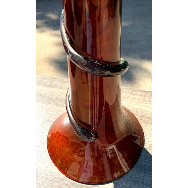 Hand-Blown 20" Amber Red Art Glass Trumpet Vase Applied Serpentine Spiral For Sale - Image 10 of 18