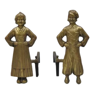 Antique Sheffield Dutch Boy and Girl Bronze & Cast Iron Fireplace Andirons- a Pair
