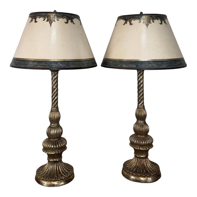 Mid 20th Century Italian Baroque Barley Twist Table Lamps - Silvered and Giltwood - a Pair For Sale