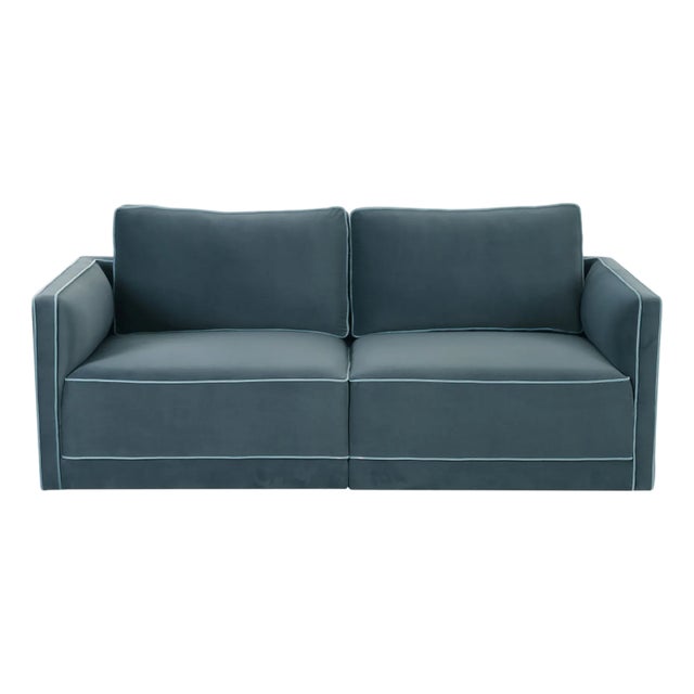 Wood Willow Misty Blue with Pale Blue Piping Modular Performance Velvet Loveseat For Sale - Image 7 of 7