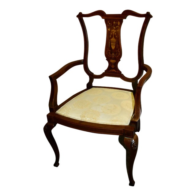 Antique Mahogany Boudoir Armchair Edwardian Inlaid Marquetry Accent Side Chair For Sale