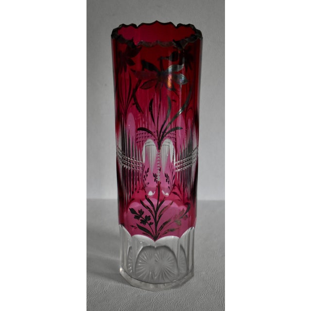 Vintage Clear Crystal Vase Bohemian Ruby Cut Cylinder Etched Silver Overlay For Sale - Image 11 of 15