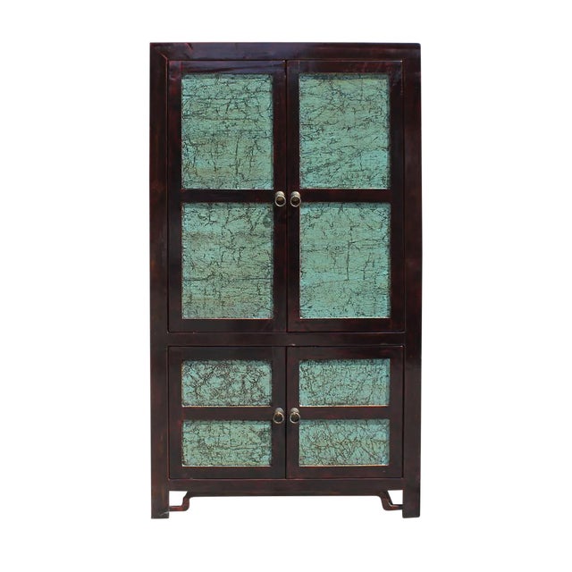 Chinese Distressed Turquoise & Brown Armoire For Sale