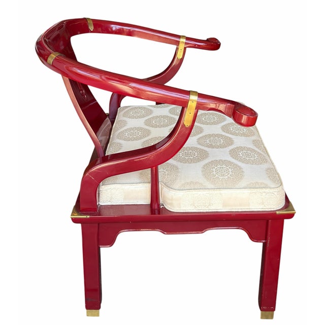 Chinese James Mont Style Red Lacquer Chinese Horseshoe Chair For Sale - Image 3 of 5