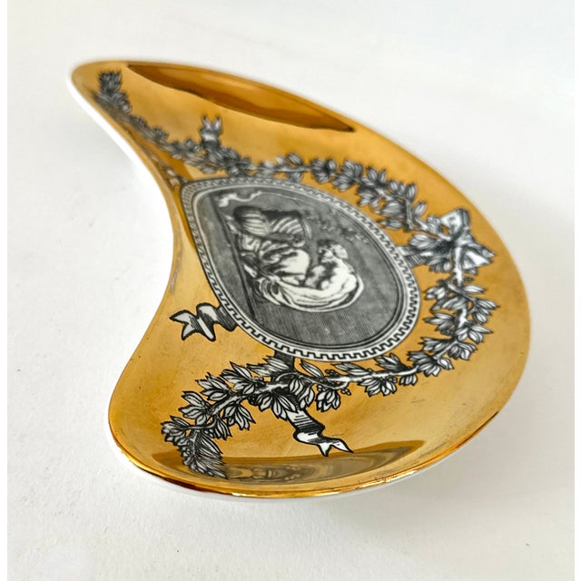 Single Medaglioni Piero Fornasetti Gilt Porcelain Cresent Shaped Catchall Tray For Sale - Image 10 of 12