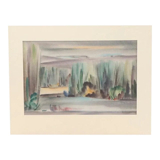 Original Vintage Signed Yngve H. Olsen Landscape Watercolor Painting For Sale