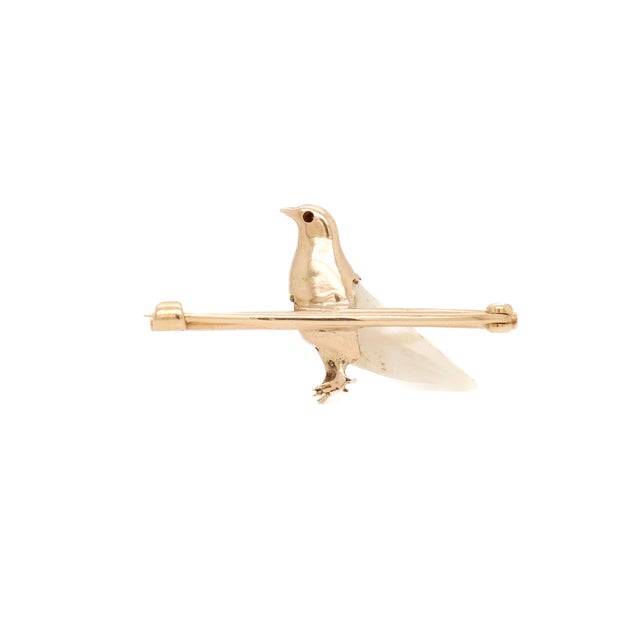 Mid 20th Century Mid-Century Modern Gold, Diamond, & Baroque Pearl Figural Dove Brooch or Bar Pin For Sale - Image 5 of 11