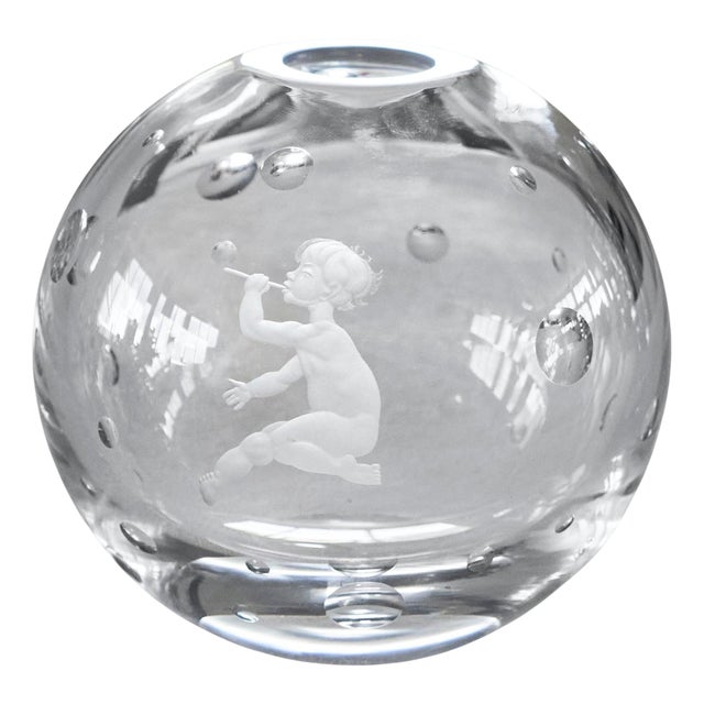 Bubbles Vase in Etched Glass attributed to Vicke Lindstrand for Orrefors, Sweden, 1930s For Sale