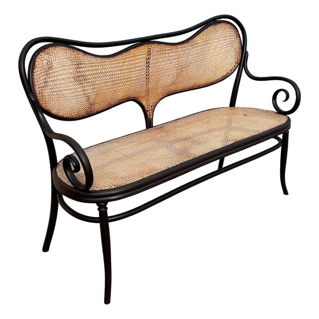 Antique Vienna Secession Scrolling Bentwood Oak & Cane Settee Bench Attributed to Thonet No 05 For Sale