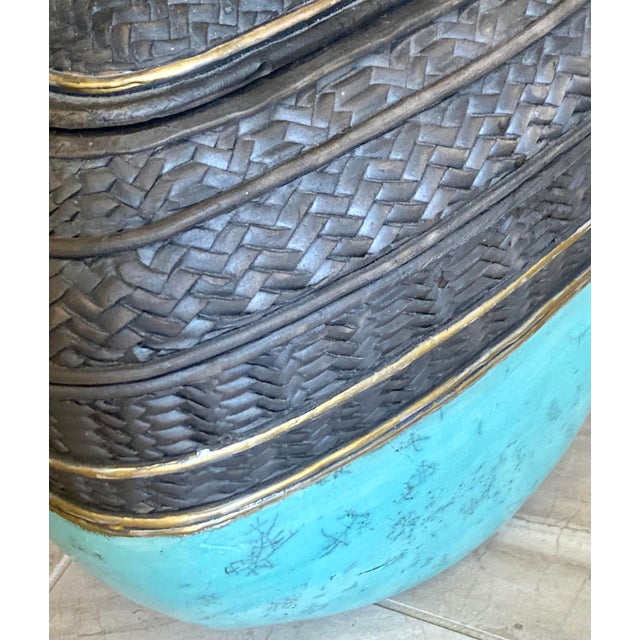 Signed Candone Wharton Studio Raku Pottery Large Basketweave Vessel / Vase For Sale - Image 4 of 4