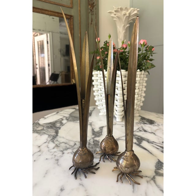 Traditional Vintage Italian Carnevale Brass Botanical Bulb Bud Vases - Set of 3 For Sale - Image 3 of 17