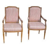 Vintage Louis XVI Carved Wood and Upholstered Arm Chairs - A Pair For Sale