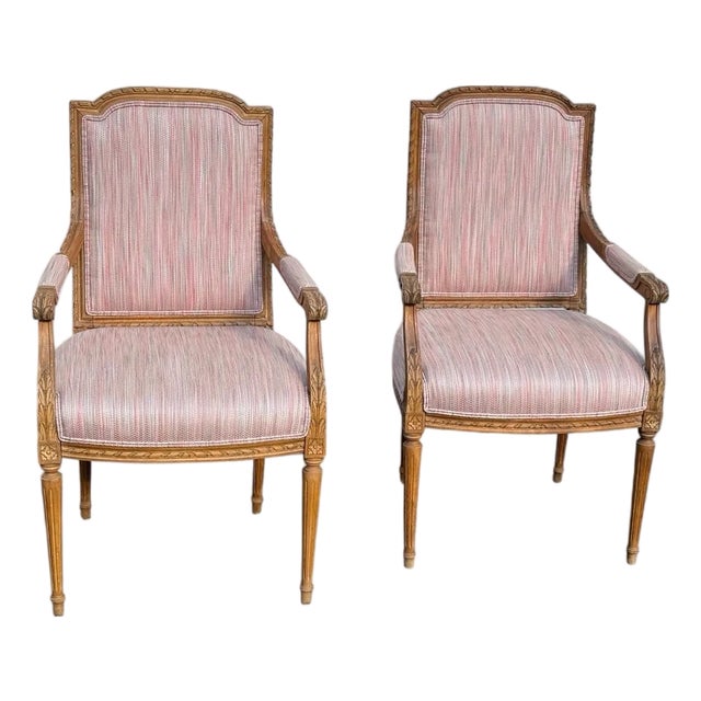 Vintage Louis XVI Carved Wood and Upholstered Arm Chairs - A Pair For Sale