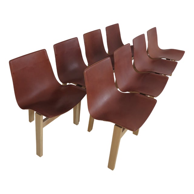 Italian Model 3T Chairs in Wood and Leather by Angelo Mangiarotti for Agapecasa, 2000s, Set of 8 For Sale