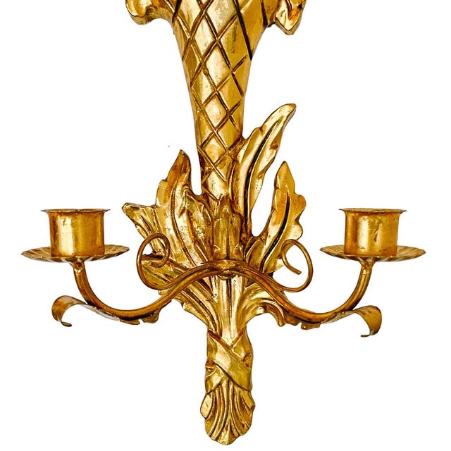 1960s 1960 Italian Rococo Giltwood & Tole Two-Arm Candlestick Wall Sconces - A Pair For Sale - Image 5 of 8