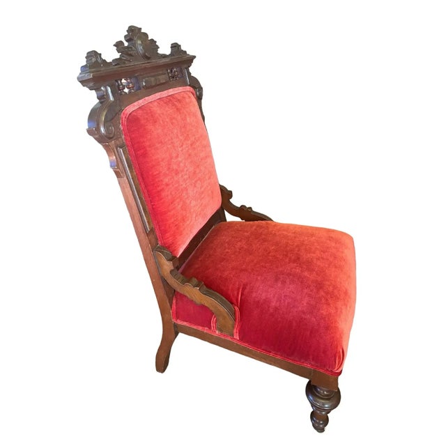 Red Pair of Mid 19th Century Antique Vintage Old Carved Eastlake Solid Wood Wooden Side Dining Accent Chair For Sale - Image 8 of 11