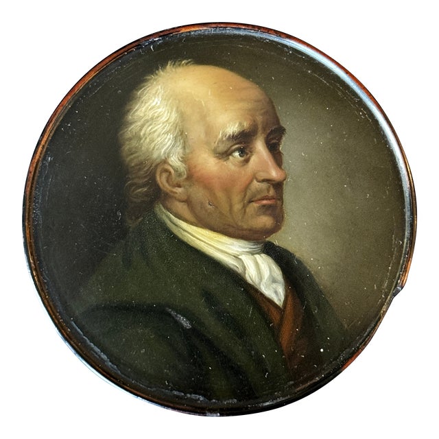 19th Century Circular Hand-Painted Ebonized Box Depicting an Aristocrat Man For Sale