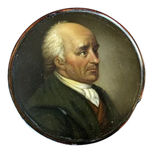 19th Century Circular Hand-Painted Ebonized Box Depicting an Aristocrat Man