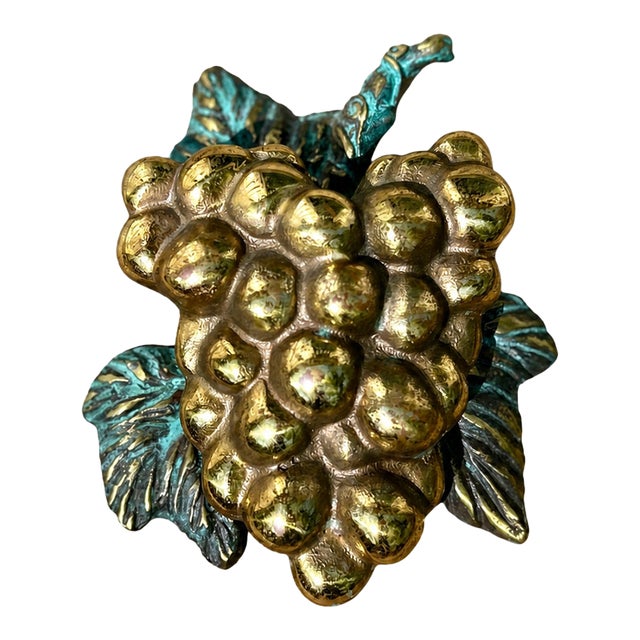 Vintage Solid Brass Grape Cluster Door Knocker With Verdigris Leaf Detail For Sale