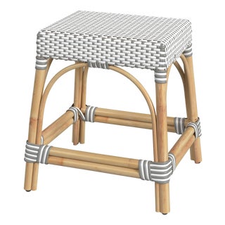 Robias 18 in. Seat Height Rectangular Rattan Low Dining Stool, Gray/White Dot / Natural Rattan Frame For Sale