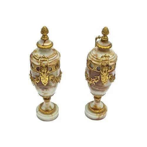 Traditional Pair Antique Marble & Gillt Urns For Sale - Image 3 of 7