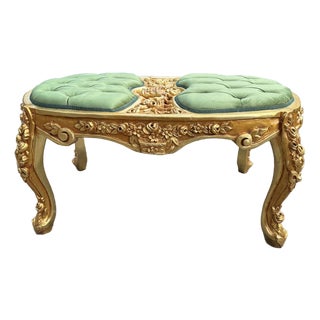 1980 Italian Baroque Gold Beech Green Velvet Bench - 1 Pc For Sale
