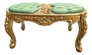 1980 Italian Baroque Gold Beech Green Velvet Bench - 1 Pc