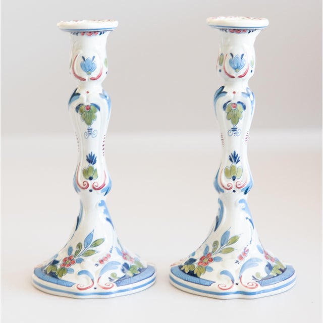 Vintage Tall Dutch Delft Faience Polychrome Floral Candlesticks - A Pair For Sale - Image 10 of 10