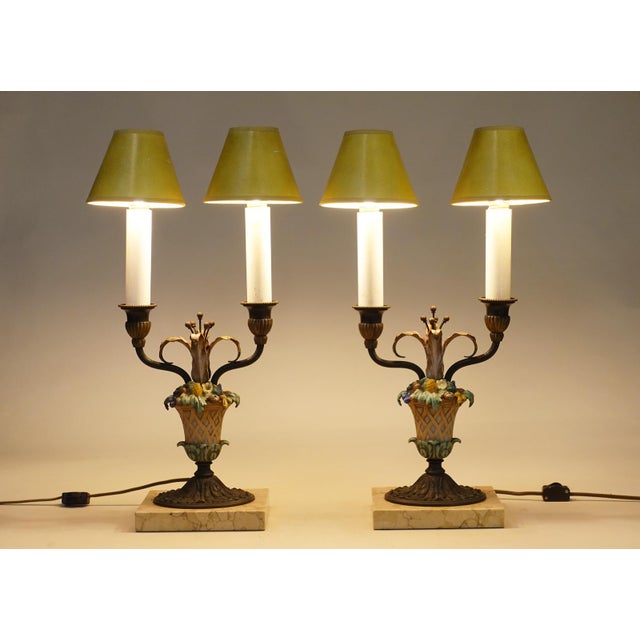 A striking matching pair of Neoclassic French Empire Regency twin Candelabra cold painted Bronze Tole style table lamps...