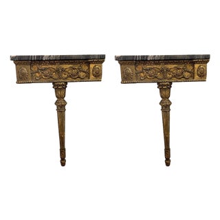 Antique Continental Gilt Mounted Corner Tables with Black and Gold Marble Top - A Pair For Sale