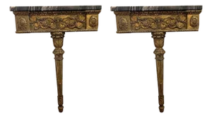 Antique Continental Gilt Mounted Corner Tables with Black and Gold Marble Top - A Pair