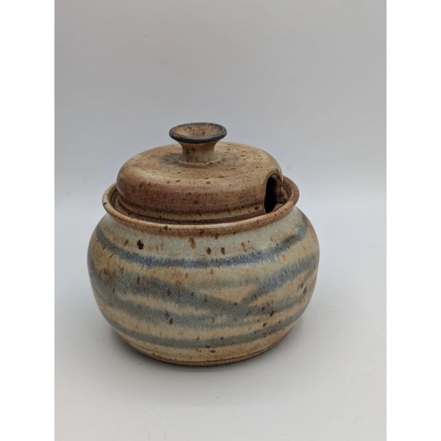 Mid-Century Modern Vintage Ceramic Lidded Pottery Sugar Bowl, Honey Pot, Stoneware, Signed For Sale - Image 3 of 8
