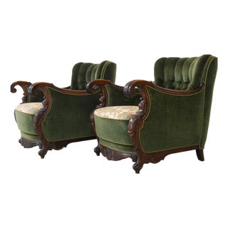Danish Carved Lounge Chairs in Green Velvet, 1920s, Set of 2 For Sale