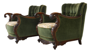 Danish Carved Lounge Chairs in Green Velvet, 1920s, Set of 2