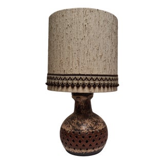 Vintage German Table Lamp with Illuminated Brown Ceramic Base and Beige Fabric Shade, 1970s For Sale