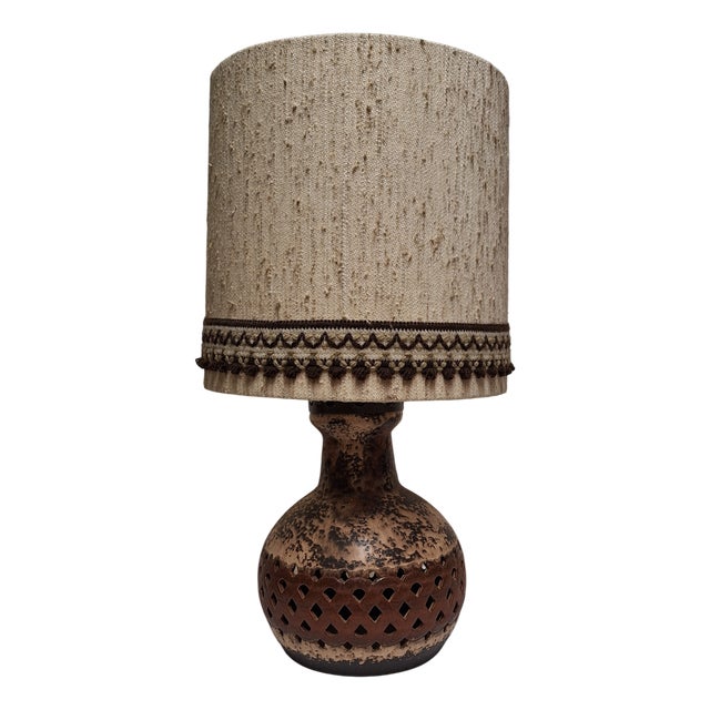 Vintage German Table Lamp with Illuminated Brown Ceramic Base and Beige Fabric Shade, 1970s For Sale