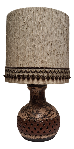 Vintage German Table Lamp with Illuminated Brown Ceramic Base and Beige Fabric Shade, 1970s