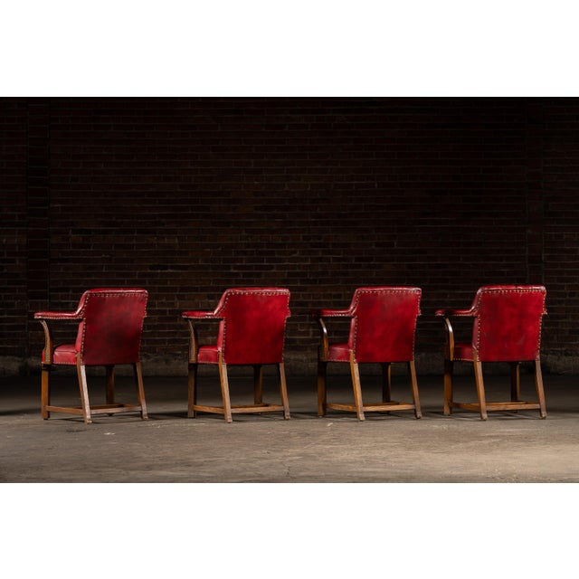 Late 20th Century Late 20th Century Set of Four Tufted Leather Bankers Chairs in Red For Sale - Image 5 of 17