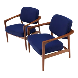 Pair of New Blue Upholstery Teak Danish Mid-Century Modern Arm Lounge Chairs