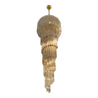 Italian Midcentury Brass Spiral Glass Chandelier For Sale