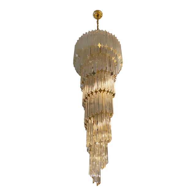 Italian Midcentury Brass Spiral Glass Chandelier For Sale