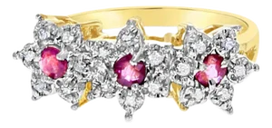 Three Flower Shaped Diamond Ruby Ring 14k Yellow Gold, Size 9