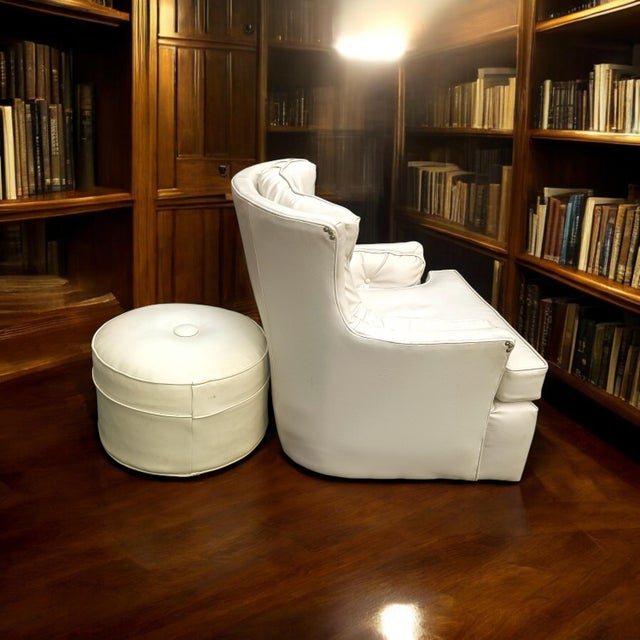 Exquisite Cream Color High-Quality Mid-Century Modern Masterpiece Wingback Chair and Matching Ottoman Set For Sale - Image 9 of 10