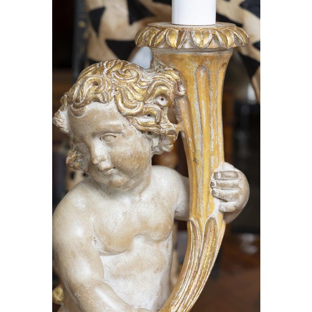 Pair of Italian Giltwood Cherub Candlestick Lamps For Sale - Image 10 of 10